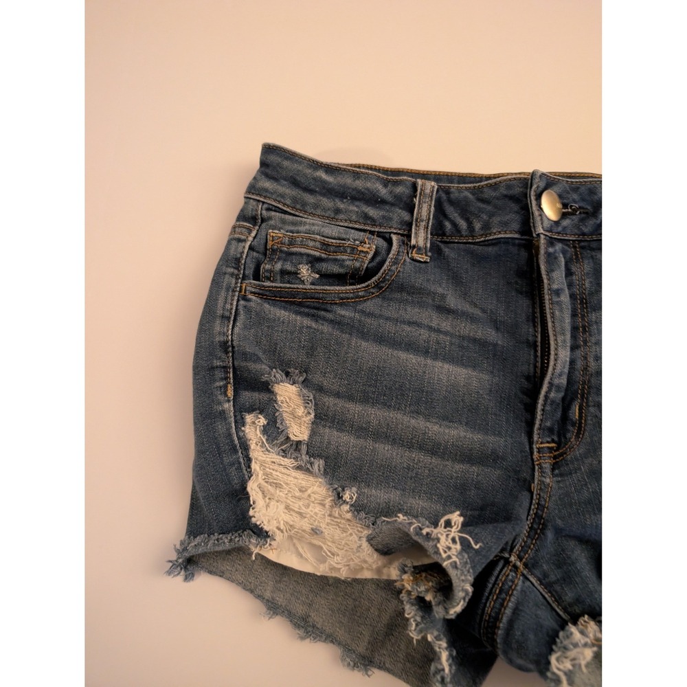 American Eagle Size 10 Hi-Rise Shortie Distressed Denim Shorts Blue Stretch - Picture 3 of 9
